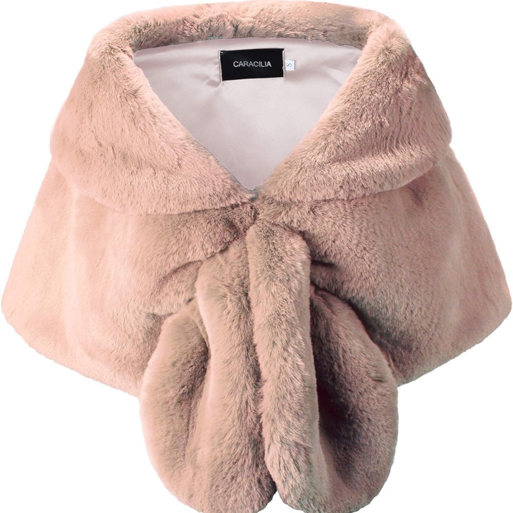 Caracilia Blush Peachy Pink Faux Fur Capelet with Front Tie - Picture 8 of 8